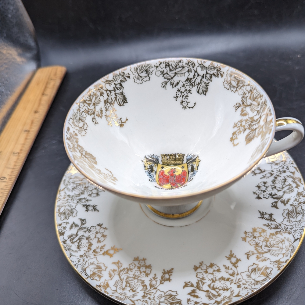Vintage Elegant Gold and White Floral Teacup and Saucer Burgenland Germany